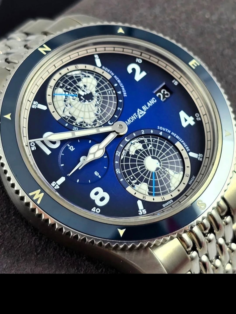 Montblanc Blue Dual 1858 Hemisphere GMT Stainless Steel Watch